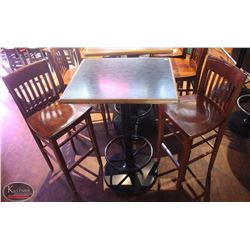 LOCATION #2. RECTANGULAR BAR HEIGHT TABLE W/ 2 WOOD BAR CHAIRS