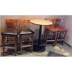 LOCATION #2. 30" ROUND BAR TABLE W/ 2 WOOD BAR CHAIRS & 2