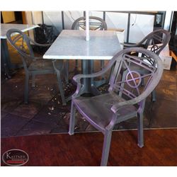 LOCATION #2. RECTANGULAR PATIO TABLE W/ 4 PLASTIC PATIO CHAIRS