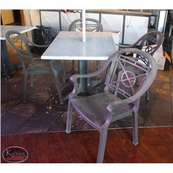 LOCATION #2. RECTANGULAR PATIO TABLE W/ 4 PLASTIC PATIO CHAIRS