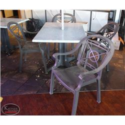 LOCATION #2. RECTANGULAR PATIO TABLE W/ 4 PLASTIC PATIO CHAIRS