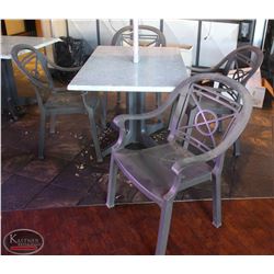LOCATION #2. RECTANGULAR PATIO TABLE W/ 4 PLASTIC PATIO CHAIRS