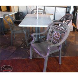 LOCATION #2. RECTANGULAR PATIO TABLE W/ 4 PLASTIC PATIO CHAIRS