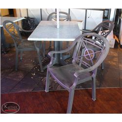 LOCATION #2. RECTANGULAR PATIO TABLE W/ 4 PLASTIC PATIO CHAIRS