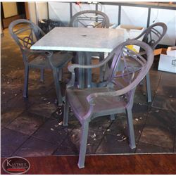 LOCATION #2. SQUARE PATIO TABLE W/ 4 PLASTIC PATIO CHAIRS