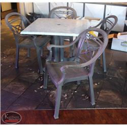 LOCATION #2. SQUARE PATIO TABLE W/ 4 PLASTIC PATIO CHAIRS