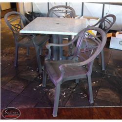 LOCATION #2. SQUARE PATIO TABLE W/ 4 PLASTIC PATIO CHAIRS