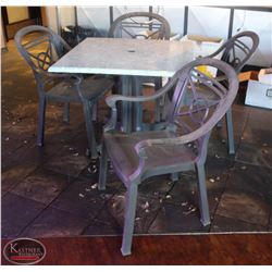 LOCATION #2. SQUARE PATIO TABLE W/ 4 PLASTIC PATIO CHAIRS