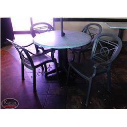 LOCATION #2. 42" ROUND PATIO TABLE W/ 4 PLASTIC PATIO CHAIRS