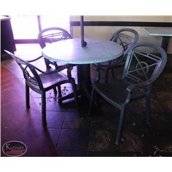 LOCATION #2. 42" ROUND PATIO TABLE W/ 4 PLASTIC PATIO CHAIRS