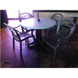 LOCATION #2. 42" ROUND PATIO TABLE W/ 4 PLASTIC PATIO CHAIRS