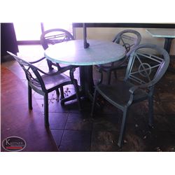 LOCATION #2. 42" ROUND PATIO TABLE W/ 4 PLASTIC PATIO CHAIRS