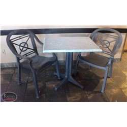 LOCATION #2. RECTANULAR PATIO TABLE W/ 2 PLASTIC PATIO CHAIRS