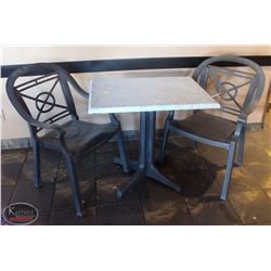 LOCATION #2. RECTANULAR PATIO TABLE W/ 2 PLASTIC PATIO CHAIRS