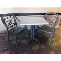 LOCATION #2. RECTANULAR PATIO TABLE W/ 2 PLASTIC PATIO CHAIRS