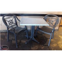 LOCATION #2. RECTANULAR PATIO TABLE W/ 2 PLASTIC PATIO CHAIRS