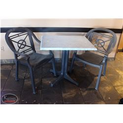 LOCATION #2. RECTANULAR PATIO TABLE W/ 2 PLASTIC PATIO CHAIRS