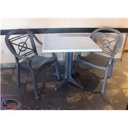 LOCATION #2. RECTANULAR PATIO TABLE W/ 2 PLASTIC PATIO CHAIRS