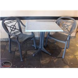 LOCATION #2. RECTANULAR PATIO TABLE W/ 2 PLASTIC PATIO CHAIRS