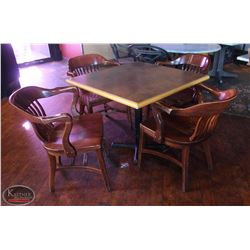 LOCATION #2. SQUARE DINING TABLE W/ 4 WOODEN ARMCHAIRS