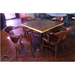 LOCATION #2. SQUARE DINING TABLE W/ 4 WOODEN ARMCHAIRS
