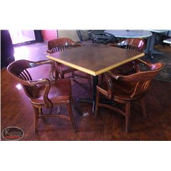 LOCATION #2. SQUARE DINING TABLE W/ 4 WOODEN ARMCHAIRS