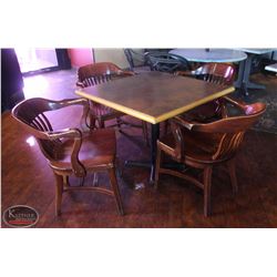 LOCATION #2. SQUARE DINING TABLE W/ 4 WOODEN ARMCHAIRS