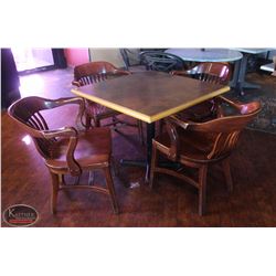 LOCATION #2. SQUARE DINING TABLE W/ 4 WOODEN ARMCHAIRS