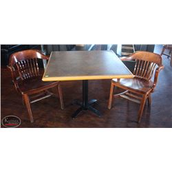 LOCATION #2. SQUARE DINING TABLE W/ 2 WOODEN ARMCHAIRS