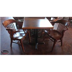 LOCATION #2. RECTANGULAR DINING TABLE W/ 2 WOODEN ARMCHAIRS