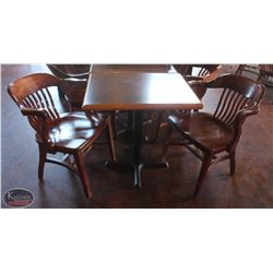 LOCATION #2. RECTANGULAR DINING TABLE W/ 2 WOODEN ARMCHAIRS