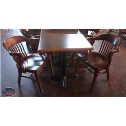 LOCATION #2. RECTANGULAR DINING TABLE W/ 2 WOODEN ARMCHAIRS