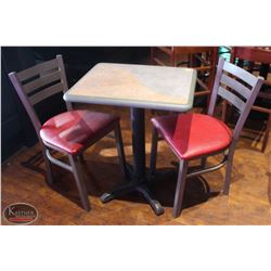 LOCATION #2. RECTANGULAR DINING TABLE W/ 2 PADDED METAL CHAIRS
