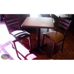 LOCATION #2. RECTANGULAR DINING TABLE W/ 2 PADDED METAL CHAIRS