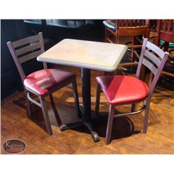 LOCATION #2. RECTANGULAR DINING TABLE W/ 2 PADDED METAL CHAIRS