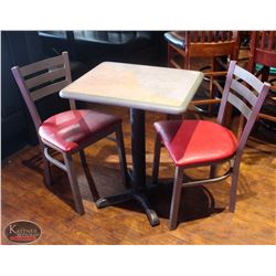 LOCATION #2. RECTANGULAR DINING TABLE W/ 2 PADDED METAL CHAIRS