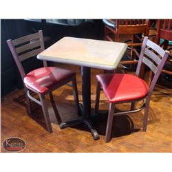 LOCATION #2. RECTANGULAR DINING TABLE W/ 2 PADDED METAL CHAIRS