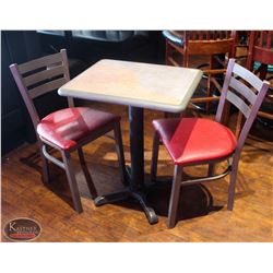 LOCATION #2. RECTANGULAR DINING TABLE W/ 2 PADDED METAL CHAIRS