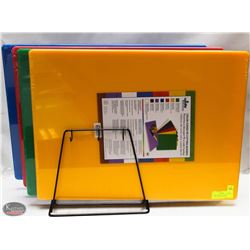 LOCATION #3. SET OF 4 MIXED COLOURED CUTTING BOARDS & RACK