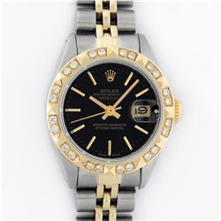 Rolex Ladies 2 Tone 14K Black Index & Pyramid Diamond Datejust Wriswatch