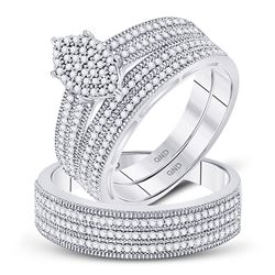 His & Hers Diamond Marquise-shape Cluster Matching Wedding Ring Set 3/4 Cttw 10kt White Gold
