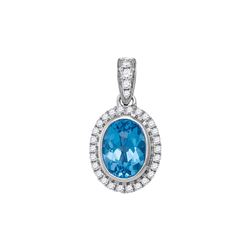 Oval Blue Topaz Solitaire Diamond-accent Pendant 1/6 Cttw 14kt White Gold