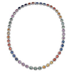 33.92 CTW Multi-Color Sapphire & Diamond Necklace 14K White Gold - REF-664H4M