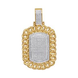 Mens Diamond Cuban Link Frame Outline Dog Tag Cluster Charm Pendant 7/8 Cttw 10kt Yellow Gold