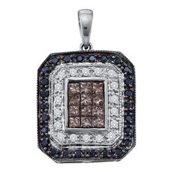 Black Brown Diamond Rectangle Cluster Pendant 3/4 Cttw 14kt White Gold