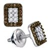 Image 1 : Round Brown Diamond Rectangle Cluster Earrings 1/3 Cttw 10kt White Gold