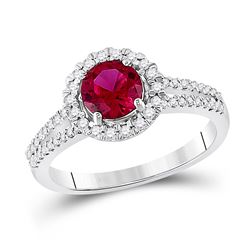 Round Lab-Created Ruby Solitaire Diamond Halo Ring 1-5/8 Cttw 10kt White Gold