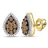 Image 1 : Round Brown Diamond Teardrop Cluster Earrings 1.00 Cttw 10kt Yellow Gold