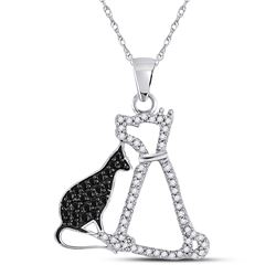 Black Color Enhanced Diamond Kitty Cat Feline Animal Pendant 1/4 Cttw 10k White Gold