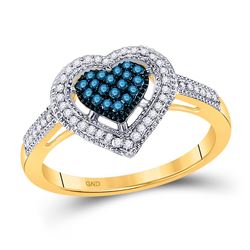 10kt Yellow Gold Round Blue Color Enhanced Diamond Framed Heart Ring 1/4 Cttw